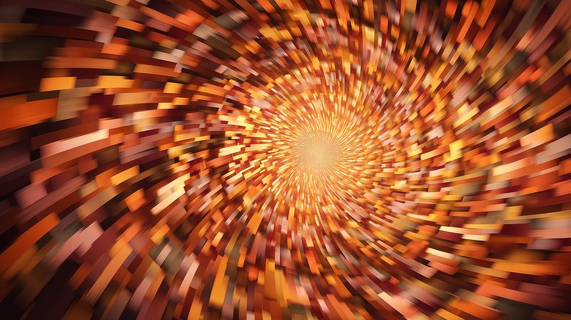 Abstract orange and brown spiral tunnel composed of blurred rectangular tiles creating a dynamic vortex motion and radial depth effect, energetic digital background with warm autumnal tones.