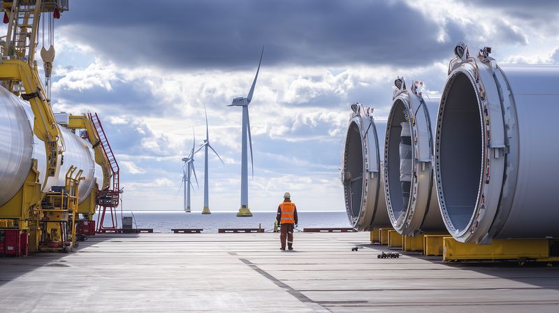 Worker in safety vest walks on an industrial dock beside large wind turbine sections and heavy equipment, with offshore wind turbines visible at sea under dramatic cloudy sky.