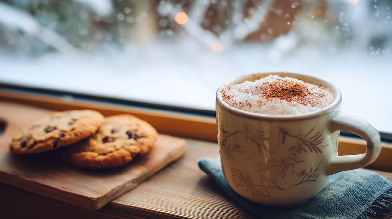 Cozy winter scene of a steaming mug with frothy hot drink sprinkled with cinnamon on a wooden windowsill beside chocolate chip cookies, soft snow falling outside the window.