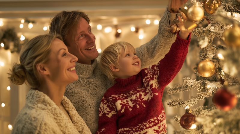 Smiling family decorates a glowing Christmas tree indoors, a cozy mother, father and young son hanging golden ornaments and lights, sharing warm holiday moments together.