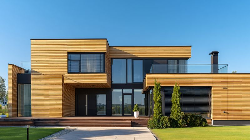Contemporary wooden house with large glass windows and clean lines, modern architecture featuring terrace, balcony and chimney, landscaped lawn, minimalist design and abundant natural light and warm
