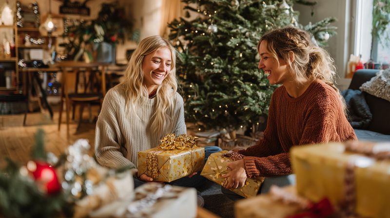 Two friends exchange wrapped gifts in a cozy living room decorated with a Christmas tree and warm lights, smiling and sharing a joyful holiday moment together on a winter evening.