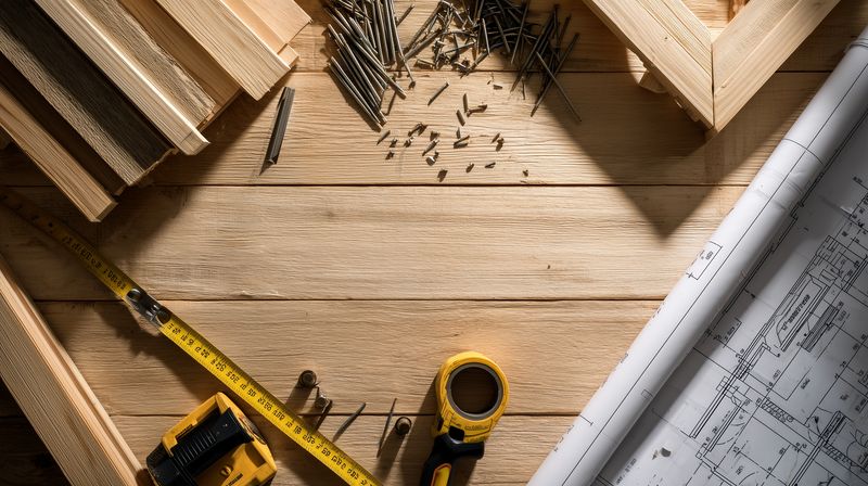 Top-down view of a carpentry workspace with wooden planks, scattered nails, measuring tape and rolled technical blueprint on a textured wood workbench for construction projects.