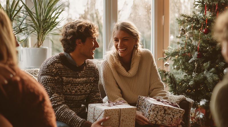Young couple exchanging wrapped gifts and laughing together in a cozy livingroom during a warm holiday celebration, wearing knit sweaters beside a decorated tree and sunlit window.