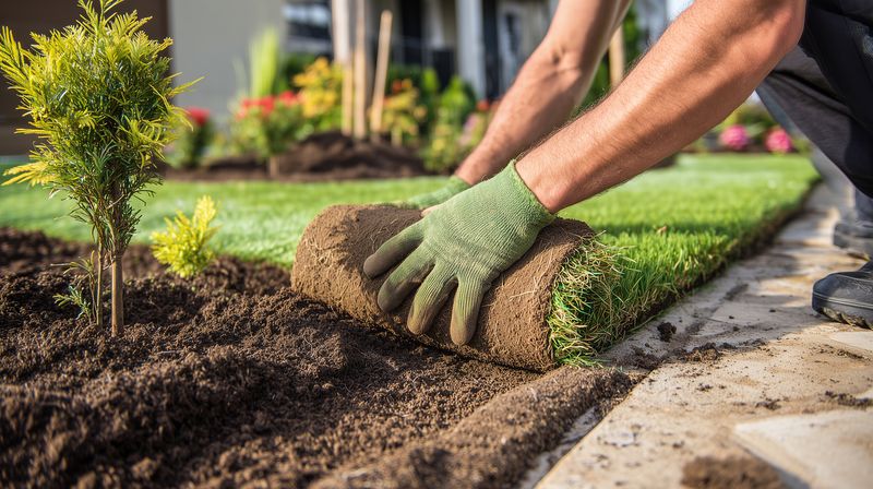 Home gardener installing fresh sod along a garden bed, fitting turf rolls by hand with protective gloves to create a neat new lawn edge beside rich soil and young ornamental plants.