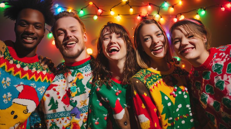 A diverse group of friends wearing colorful holiday sweaters, laughing and posing closely at a cozy indoor party under warm string lights, capturing joyful festive moments together.