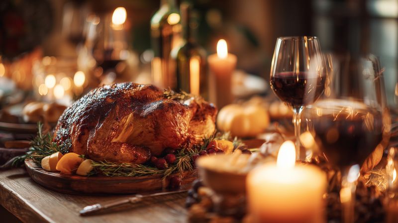 Roasted turkey centerpiece on a rustic wooden table surrounded by flickering candles, wine glasses and seasonal garnishes, evoking a warm, festive atmosphere with soft bokeh lighting.