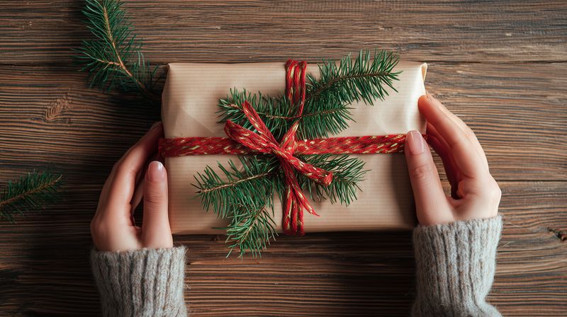 Closeup of hands holding a rustic wrapped gift tied with red ribbon and a fresh fir sprig on a wooden table, cozy sweater sleeves and warm seasonal atmosphere for holiday joy.