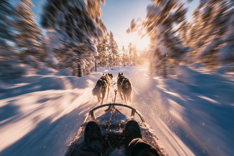 First-person view of a dog sled racing through a snowy forest at sunrise with two sled dogs pulling fast, motion blur and warm golden light casting long shadows across pristine snow.