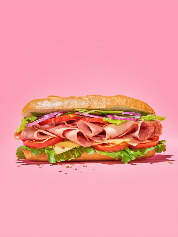 Close-up of a gourmet deli sandwich featuring layered sliced ham, cheese, crisp lettuce, tomato and red onion on a crusty baguette, artfully styled on a pastel pink background.
