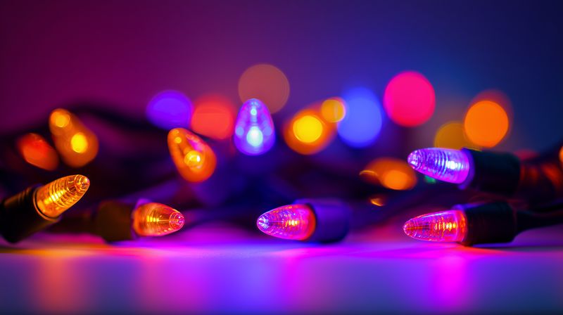 Close-up of colorful decorative LED string lights glowing in soft focus, creating vibrant bokeh and a festive atmosphere with warm and cool tones for holiday and party scenes.