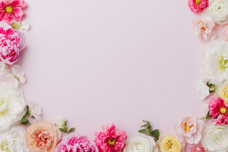 Soft pastel floral frame with pink background featuring peonies roses ranunculus and delicate petals arranged around edges creating elegant border for wedding greeting card or spring design.