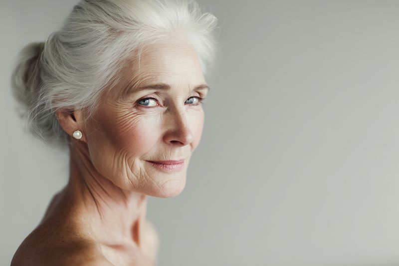 Portrait of an elegant mature woman with silver hair and a subtle smile, looking over her shoulder in soft natural light, highlighting graceful aging and serene confidence.