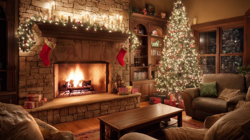 Cozy living room decorated for Christmas with a glowing fireplace, illuminated tree, stockings hung on mantel, wrapped gifts, warm lighting and festive garlands creating seasonal ambiance.