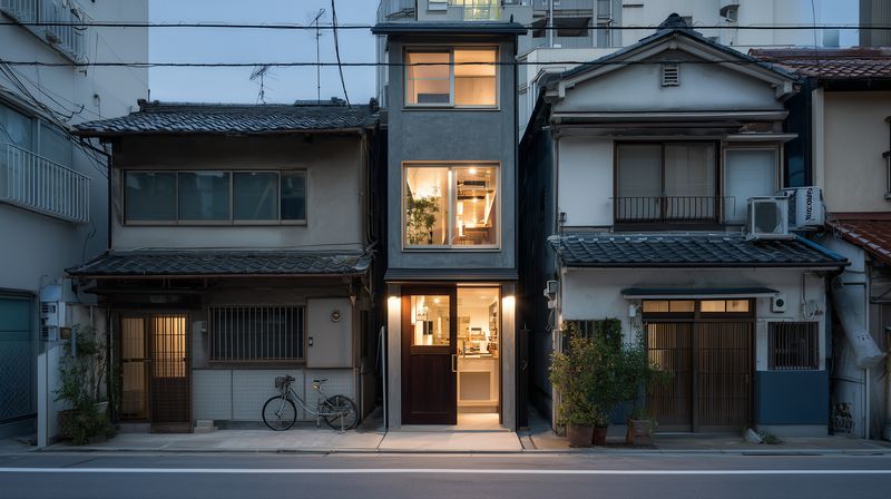 Narrow modern townhouse nestled between traditional buildings on an urban street at dusk, warm interior lights glowing through large windows and a bicycle parked outside.
