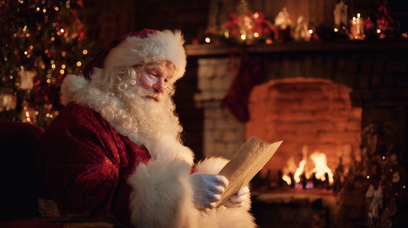Santa in a traditional red suit reads a letter by a glowing fireplace surrounded by Christmas decorations and warm ambient light, creating a cozy festive atmosphere.