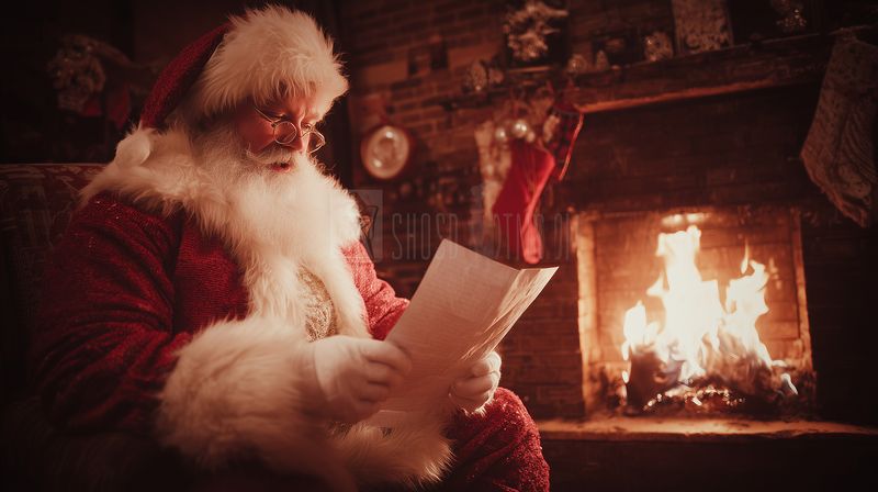 Cozy scene of a bearded elder in a red fur-trimmed suit reading a letter by a glowing fireplace, warm light illuminating festive decor and creating a nostalgic holiday atmosphere.