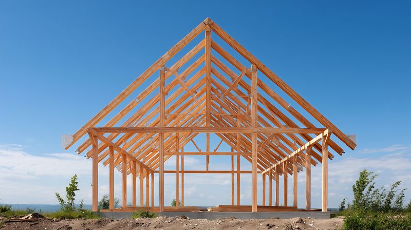 Wooden house frame under construction on a coastal site, exposed timber rafters and posts forming a pitched roof structure against a clear blue sky and distant water horizon.