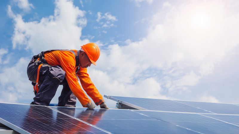 Solar technician in orange safety gear installing photovoltaic panels on a rooftop under a bright sky, wearing harness and helmet while adjusting mounting hardware during daytime work.