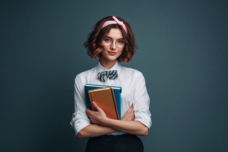 Young woman student wearing glasses and a headband holds notebooks against her chest, dressed in smart casual attire with a bow tie, posing confidently against a neutral backdrop.