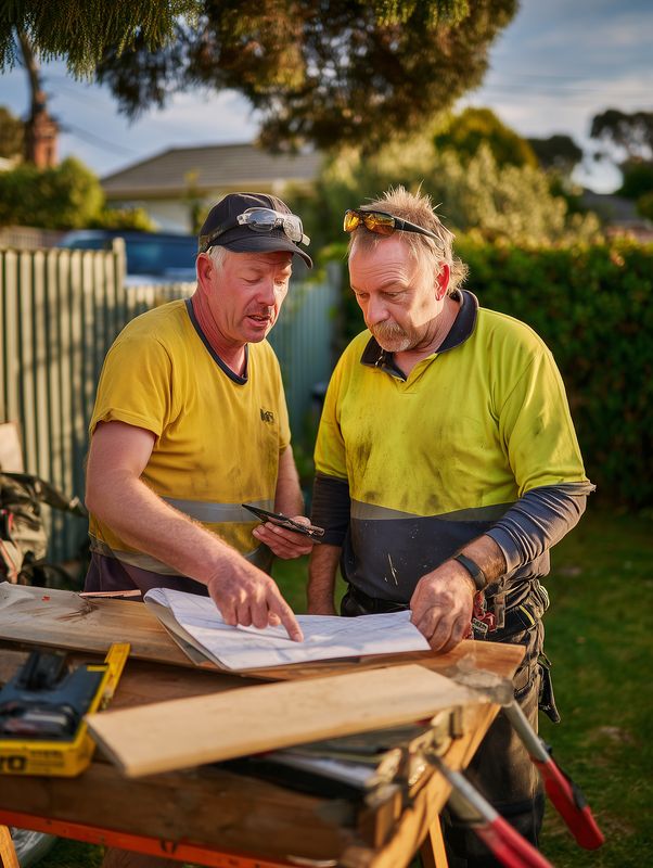 Two construction workers in high-visibility shirts study blueprints on a portable workbench outdoors, collaborating on measurements and planning during a sunny afternoon.