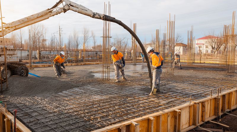 Construction workers pour concrete for a reinforced slab at a building site, using a concrete pump while wearing safety helmets and high visibility vests in daylight.