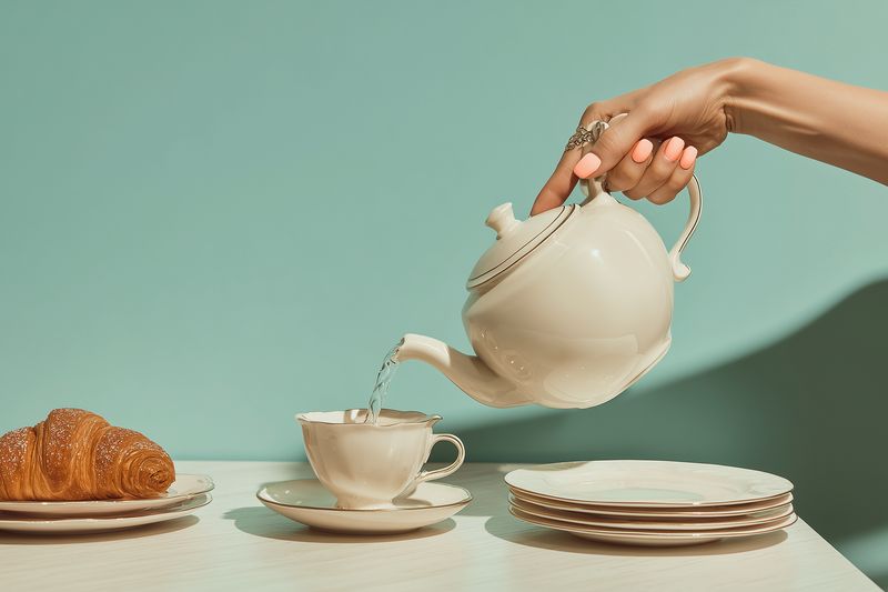 Elegant hand with vintage teapot pouring hot tea into a delicate china cup beside stacked plates and a croissant on a pastel mint background in a minimal tabletop composition.