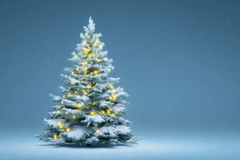 Snow-covered evergreen tree decorated with warm glowing lights standing alone on a snowy surface under a soft blue winter sky, creating a serene festive and peaceful holiday scene.