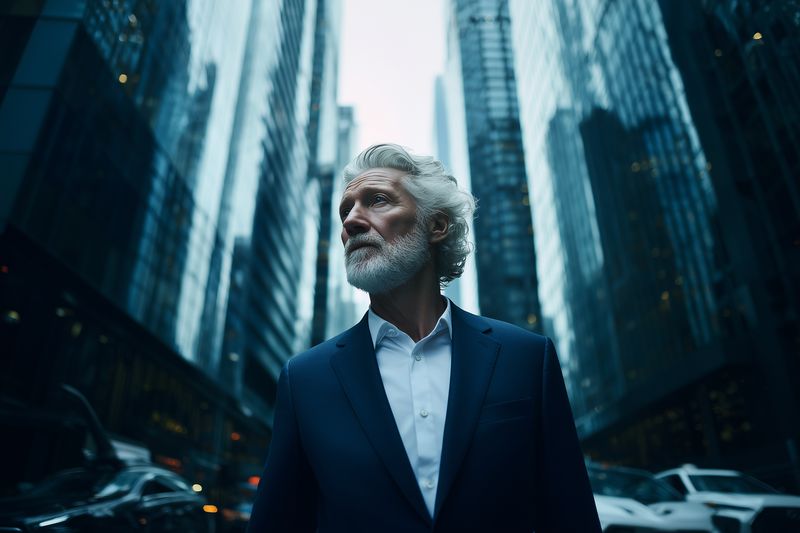 Confident mature businessman with gray hair and beard stands in an urban canyon of glass skyscrapers, wearing a dark suit and white shirt, displaying a thoughtful expression.