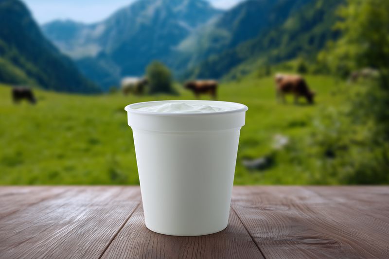 Close-up of a white yogurt cup on a rustic wooden table showing creamy texture, placed before a blurred rural meadow with grazing cows and distant mountains, evoking fresh dairy charm.