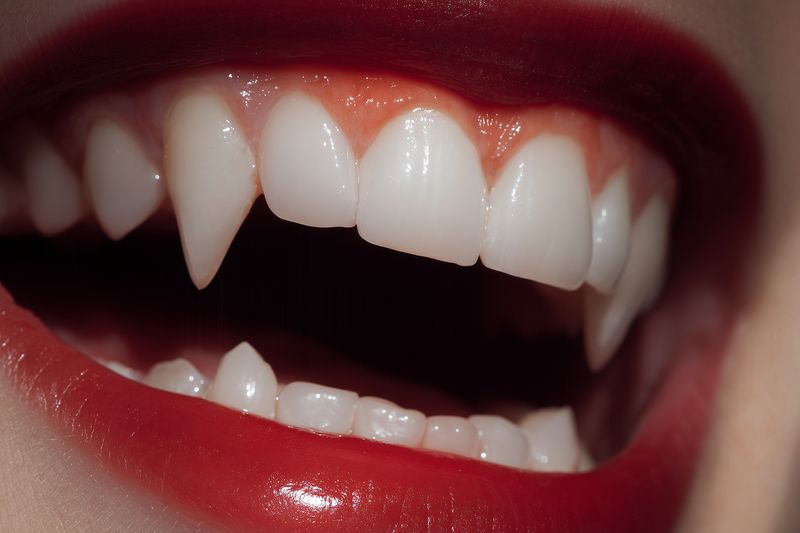Close-up of glossy red lips and porcelain white teeth revealing sharp vampire fangs and exposed gums, dramatic makeup and shiny gloss create a seductive, mysterious gothic smile for Halloween or