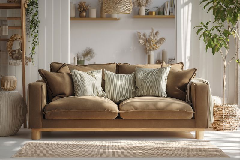 Cozy modern living room featuring a plush brown sofa with patterned cushions, abundant natural light, textured neutral decor and lush potted plants creating a warm, inviting retreat.