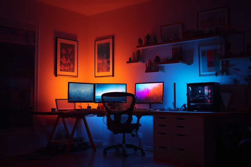 Dark gaming and creative workspace with three monitors, warm orange and cool blue LED lighting. Ergonomic chair and powerful desktop PC on a minimalist desk for focused work.