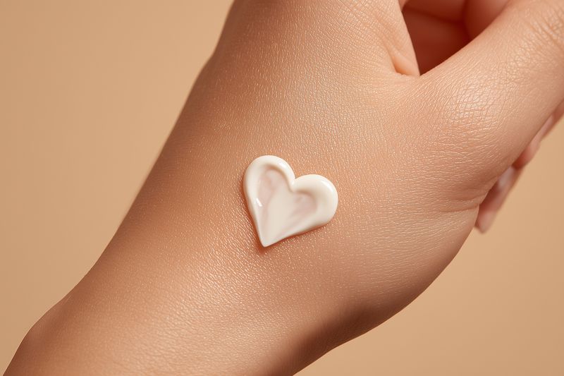 Close-up of a hand with a heart-shaped dollop of white cream on smooth glowing skin, conveying skincare and moisturizing concept for beauty, hydration, gentle care and healthy complexion.