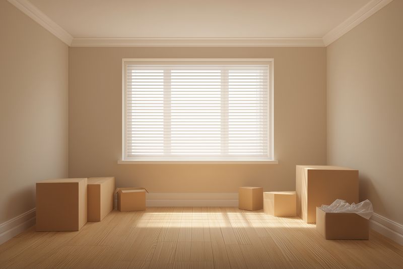 Sunlit empty room with moving boxes and window blinds, neutral beige walls and hardwood floor creating a calm minimalist interior scene suggesting relocation, unpacking, or staging.