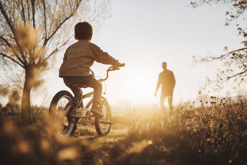 A young child rides a bicycle on a sunlit country path as a parent watches from a distance, golden light and soft focus creating a warm nostalgic outdoor family scene.