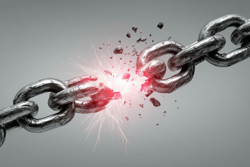 Close-up of a heavy metal chain breaking under high tension with glowing sparks and flying debris, symbolizing rupture, failure, and dramatic mechanical stress in an industrial concept scene.