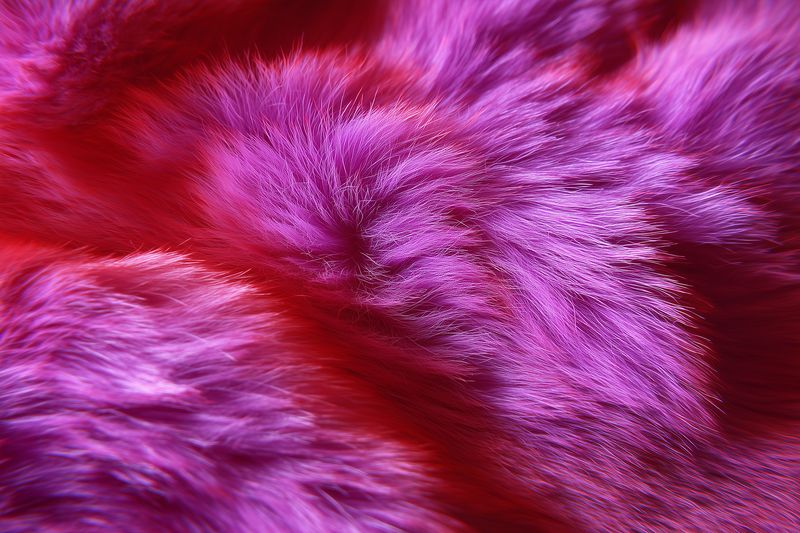 Close-up of luxurious pink and purple faux fur fabric with soft fluffy texture and vibrant color variations, ideal for fashion, interior design, textiles, and creative backgrounds.