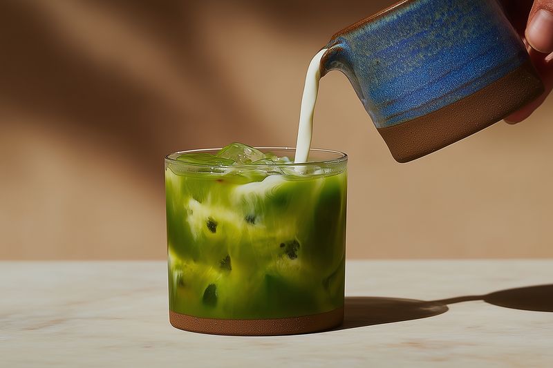 Closeup of a creamy iced matcha latte being poured from a ceramic pitcher into a glass filled with ice, showcasing vibrant green color, texture and a refreshing summer beverage.