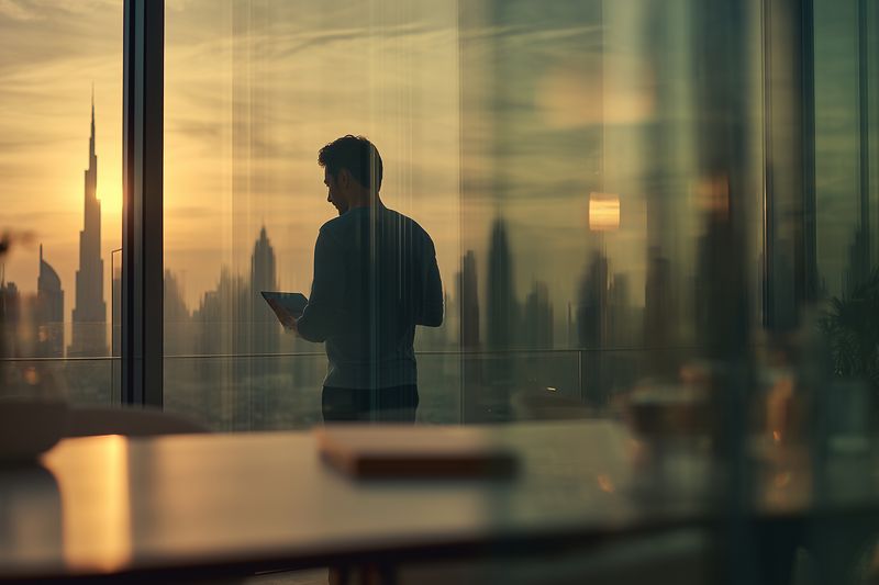 Silhouette of a man holding a tablet in a modern glass office during golden sunset, overlooking a dramatic highrise skyline with reflections and warm ambient light.