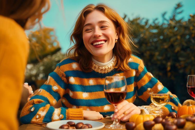 Young woman in a striped sweater laughing at an outdoor autumn gathering, enjoying wine and warm conversation at a cozy table with seasonal treats and golden light.