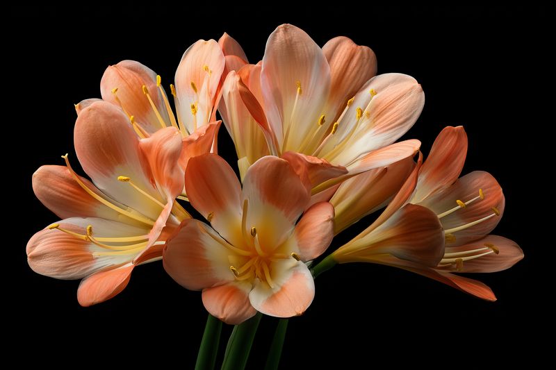 Close-up of delicate orange flowers clustered against a black background, showcasing soft petals, yellow stamens, and vibrant floral textures in dramatic low-key botanical lighting.