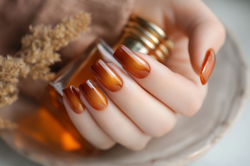 Close-up of a manicured hand with glossy amber ombre nails gently holding a glass perfume bottle, showcasing elegant nail art, warm tones and refined beauty styling in soft focus.