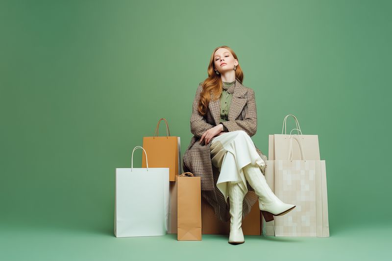 Stylish young woman in a patterned coat and white boots sits confidently among multiple shopping bags and accessories against a green studio backdrop, showcasing modern fashion choices and seasonal