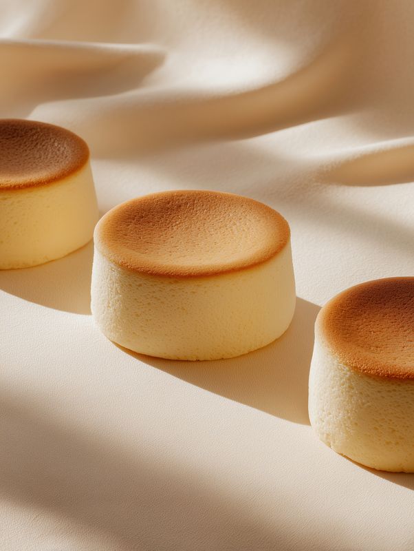 Three golden mini sponge cakes arranged on smooth beige fabric, soft lighting emphasizing delicate texture, warm tones and elegant minimalist composition for food or lifestyle imagery.