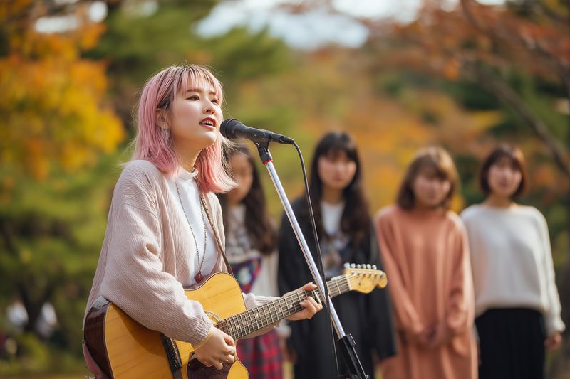 Young woman performing outdoors with an acoustic guitar and microphone while background singers stand nearby, surrounded by autumn foliage and warm natural light in a casual park concert.