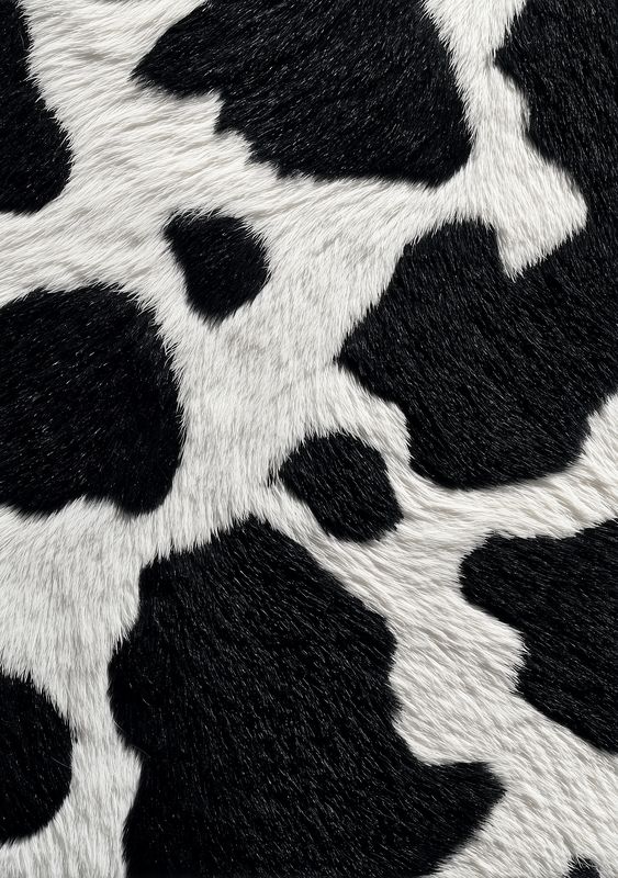 Cowhide fur black white spot pattern closeup, natural animal hide texture for background or textile design, soft hair detail and irregular shapes in contrast detail