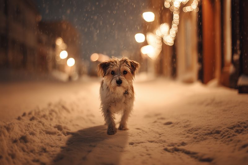 dog walking on snowy street at night with warm bokeh lights small pet exploring winter urban scene soft snowflakes falling cozy evening atmosphere and shallow depth of field