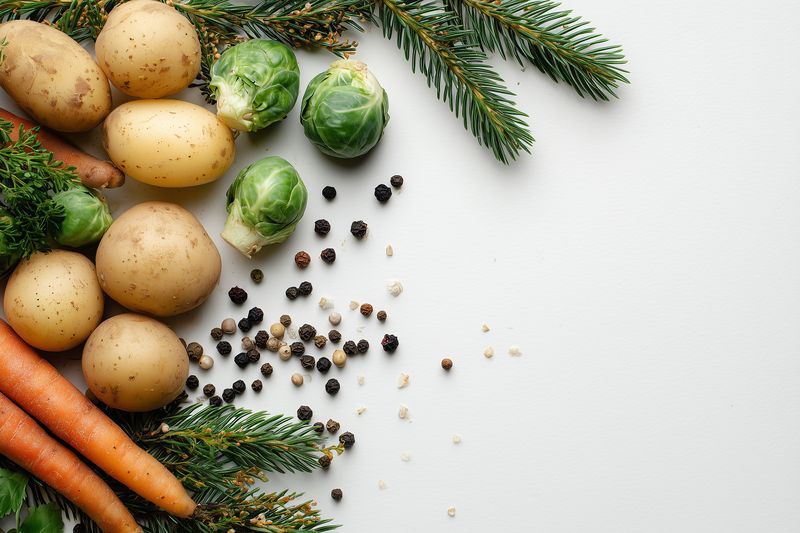 potatoes carrots brussels sprouts spices fir evergreen salt pepper, fresh vegetables with evergreen sprigs on white background, rustic winter harvest for cooking and dishes
