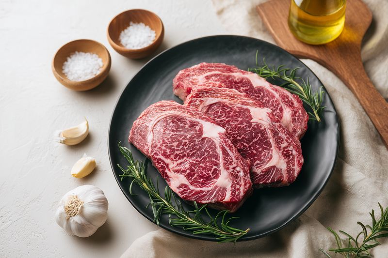 ribeye steak raw marbled garlic rosemary salt olive oil three raw ribeye steaks on black plate with fresh rosemary garlic cloves sea salt bowls and bottle of oil for cooking